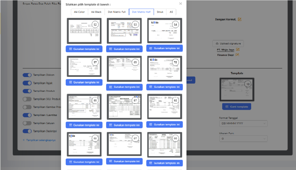 Pilihan template purchase order di Target9Pos