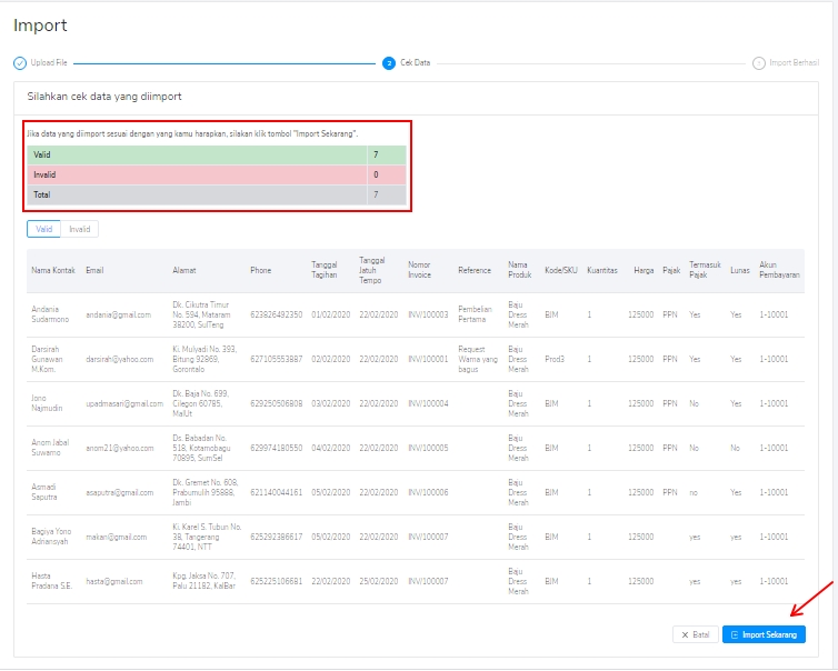 Import data valid tagihan penjualan Target9Pos