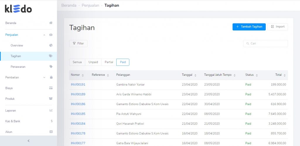 Tagihan paid penjualan Target9Pos