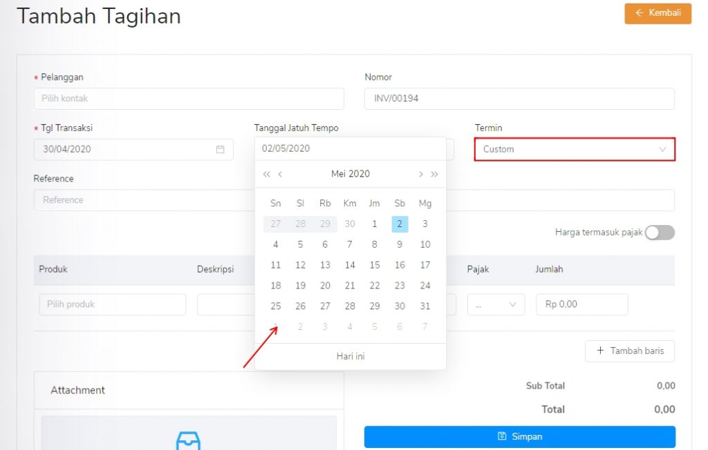 Atur termin custom tagihan penjualan Target9Pos