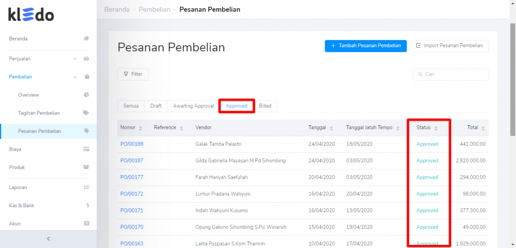 Approved pesanan pembelian overview Target9Pos