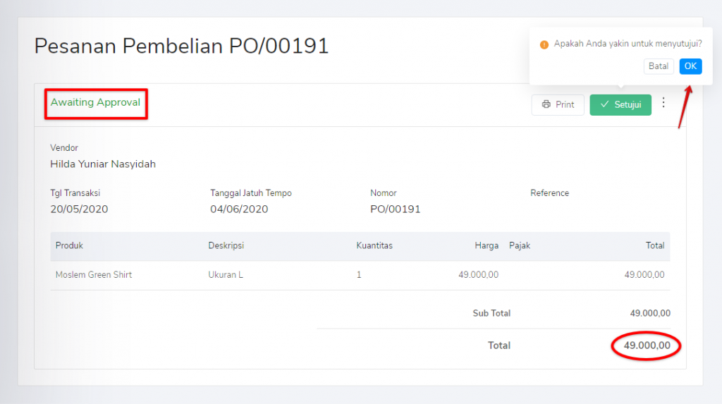 Ubah status awaiting approval PO menjadi approved pada Target9Pos