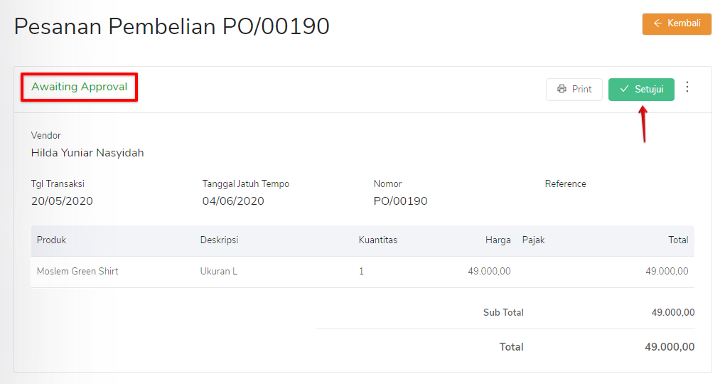 Awaiting approval pesanan pembelian Target9Pos