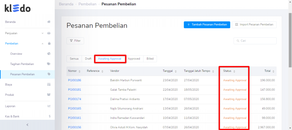 Awaiting approval pesanan pembelian overview Target9Pos