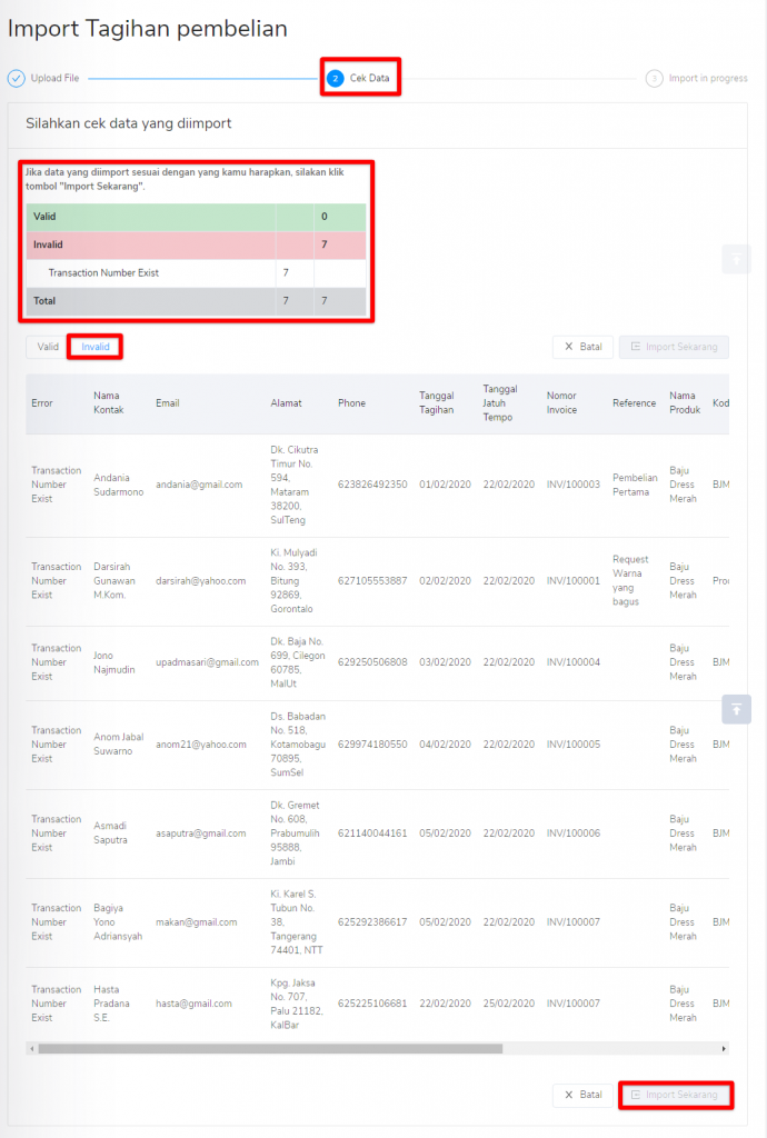 Import tagihan pembelian Target9Pos invalid