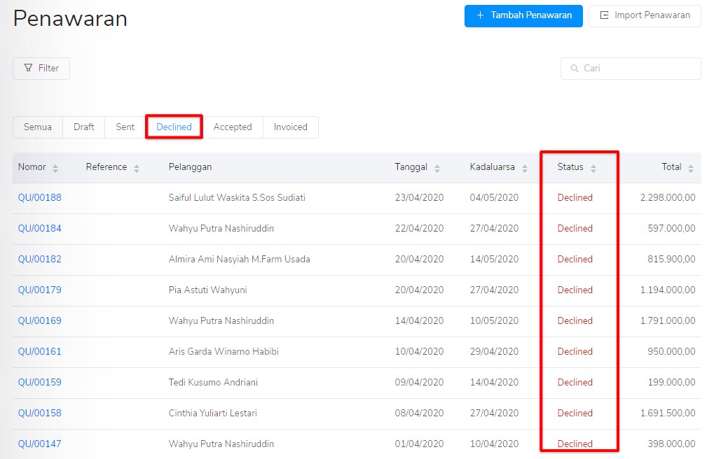 Status declined pada penawaran penjualan Target9Pos