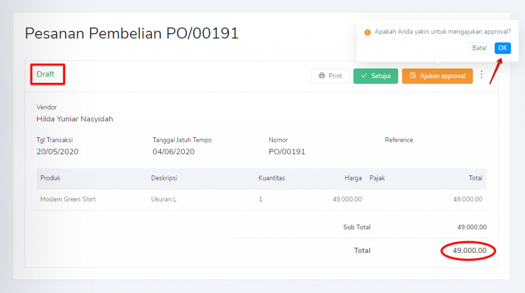 Ubah status draft PO menjadi awaiting approval pada Target9Pos