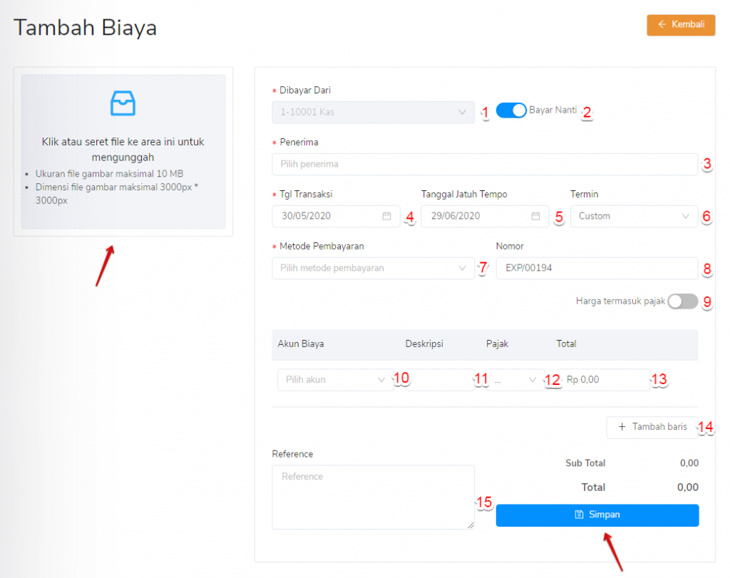 Form tambah biaya pada Target9Pos