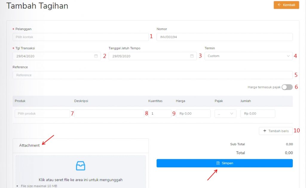 Form tambah tagihan penjualan pada Target9Pos