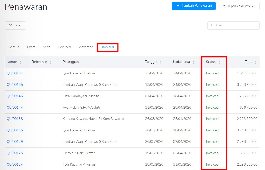 Status invoiced pada penawaran penjualan Target9Pos