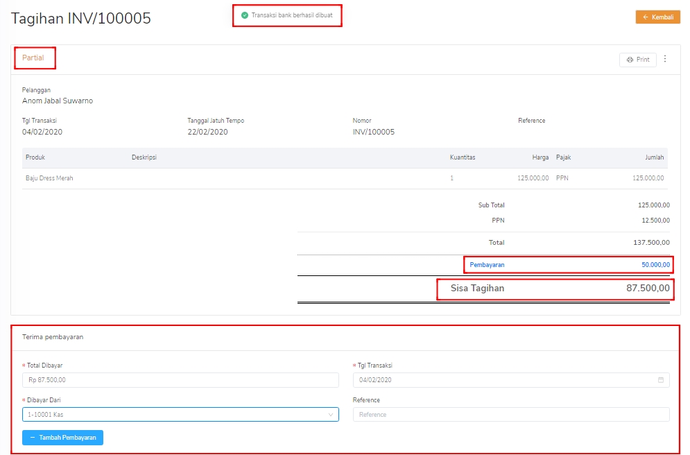 Pembayaran tagihan penjualan partial Target9Pos