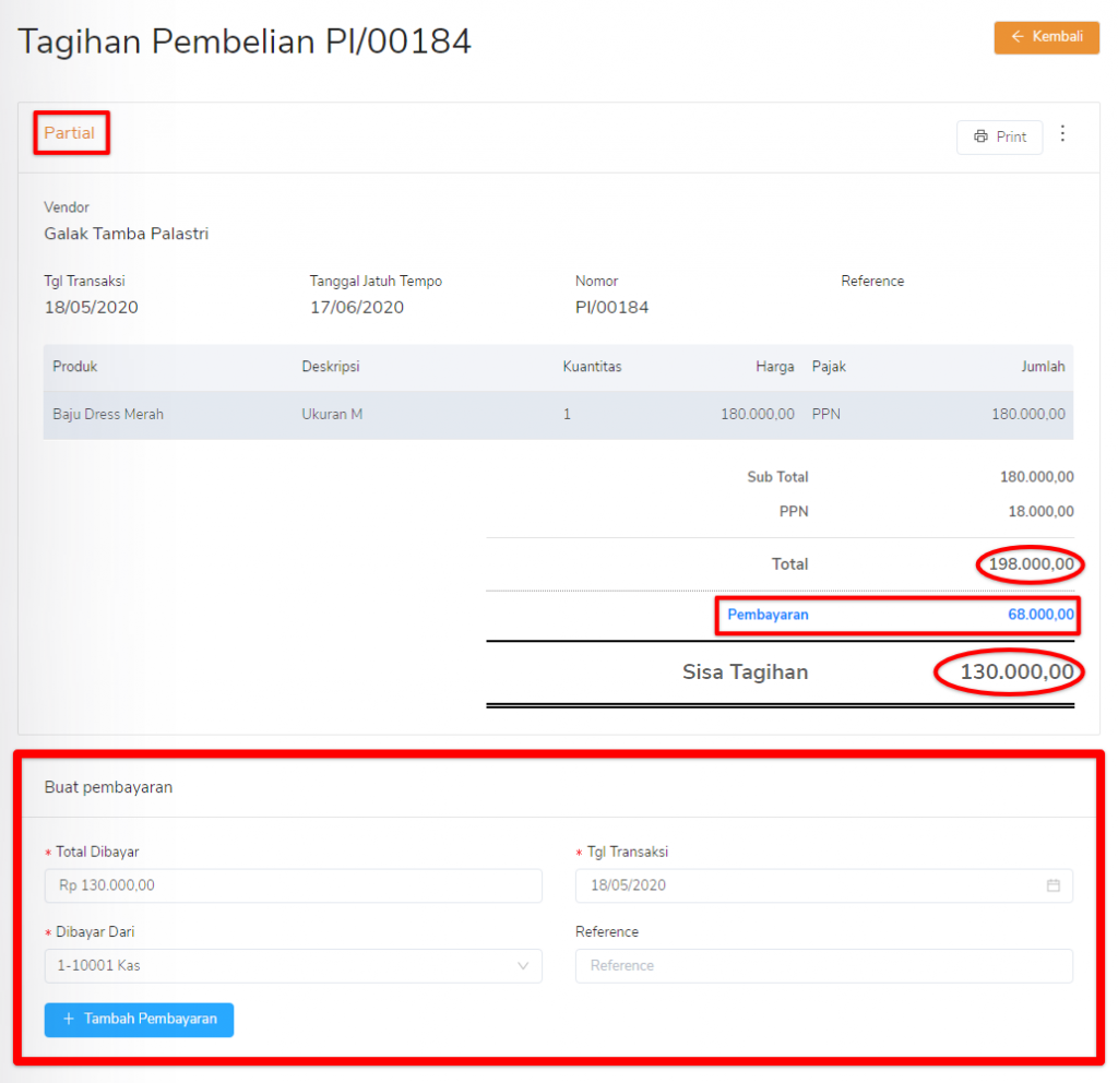 Pembayaran tagihan pembelian partial Target9Pos