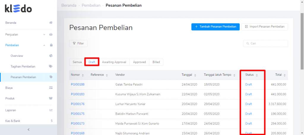 Draft pesanan pembelian overview Target9Pos