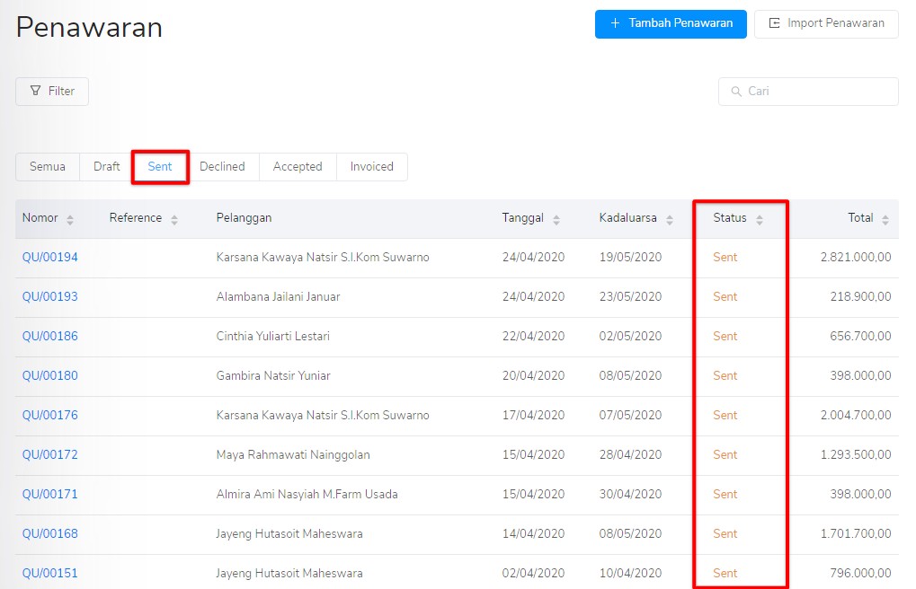 Status sent pada penawaran penjualan Target9Pos