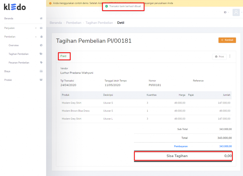 Tagihan pembelian sudah dilunasi