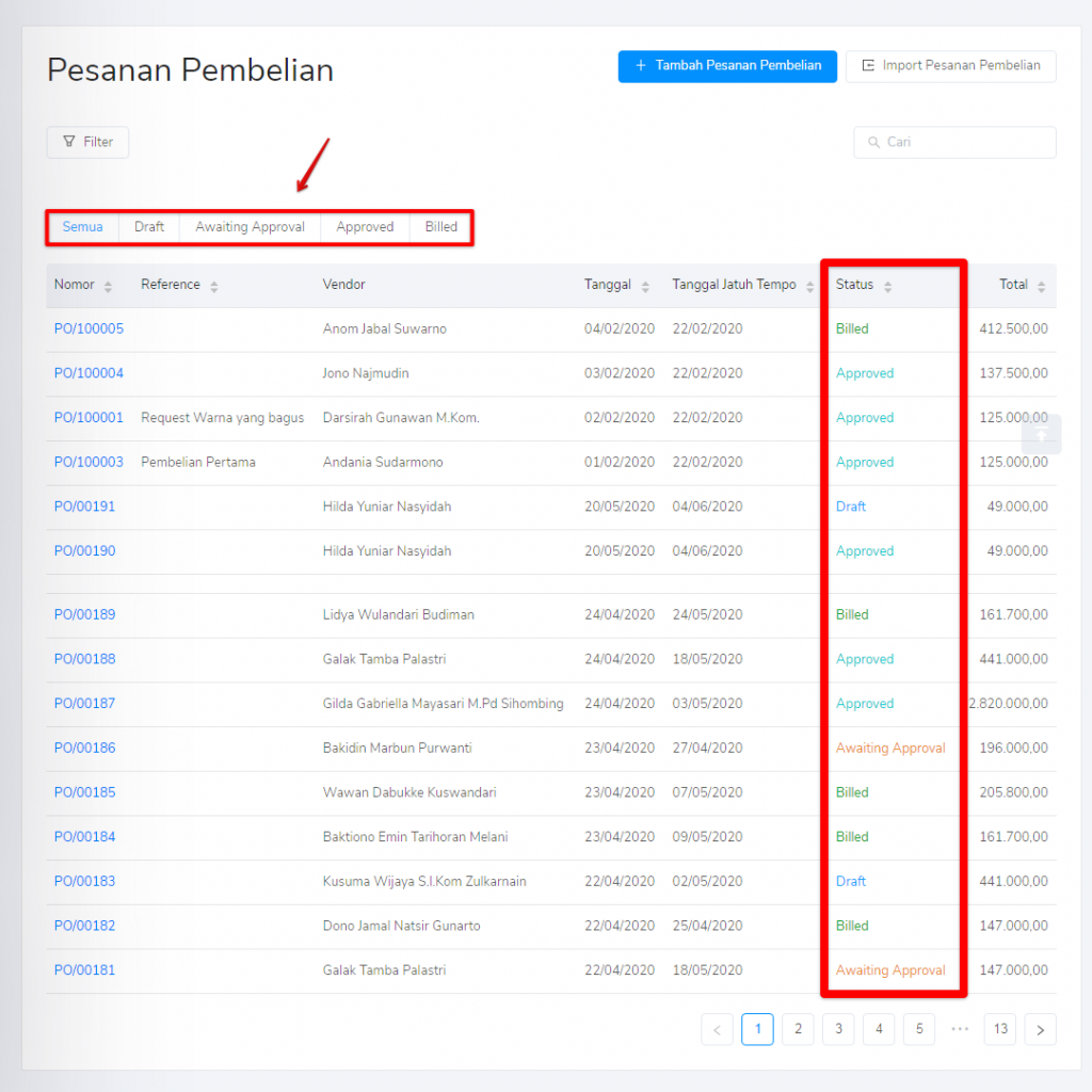 Status pesanan pembelian Target9Pos