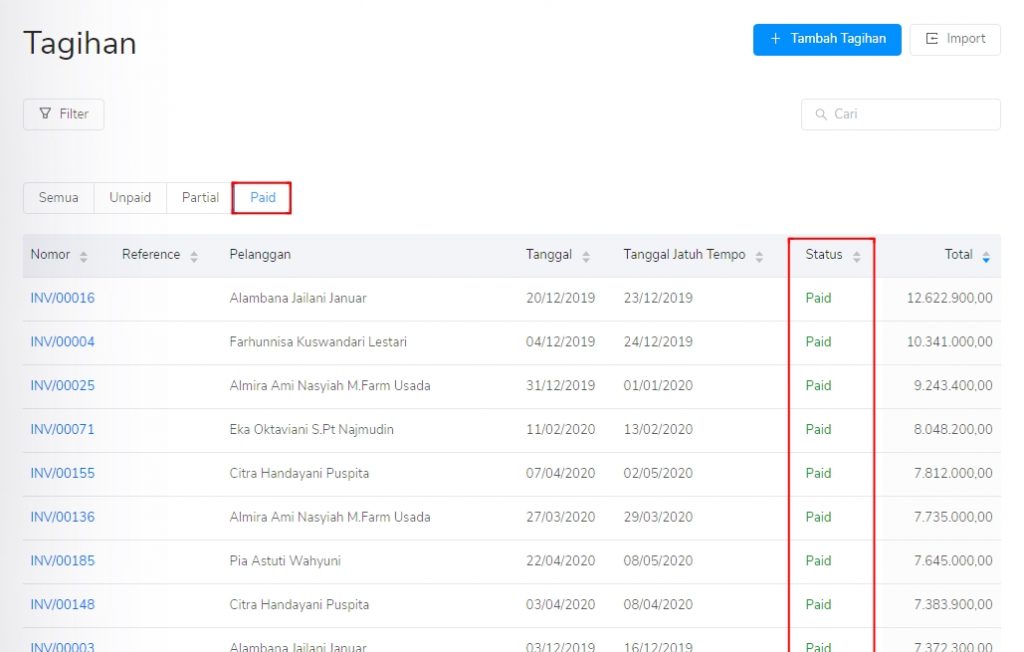 Status tagihan penjualan paid pada Target9Pos