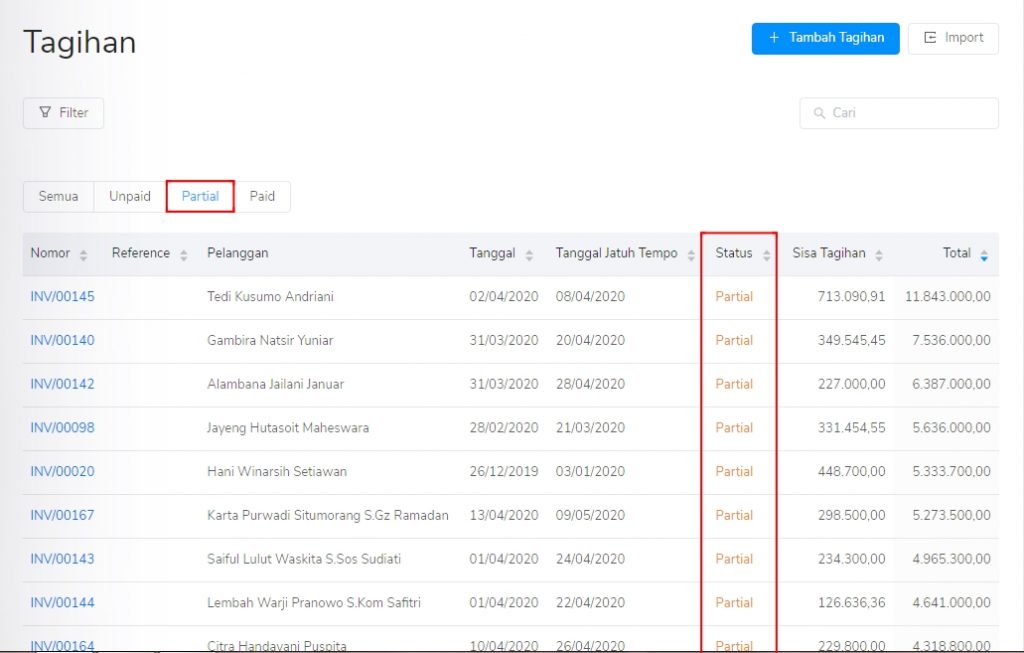 Status tagihan penjualan partial pada Target9Pos