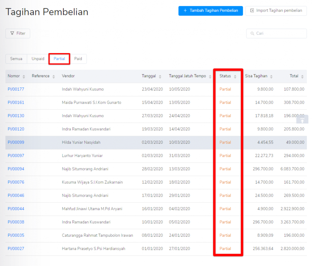 Status tagihan pembelian Target9Pos partial