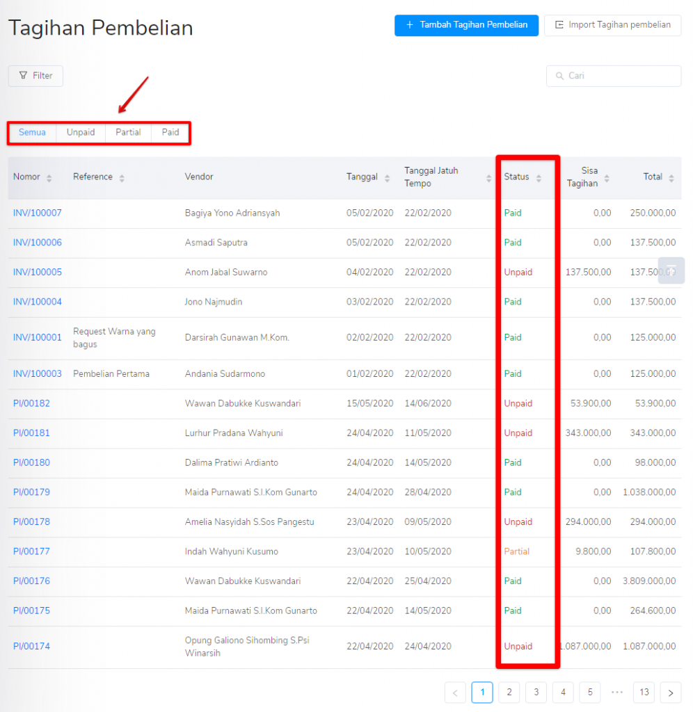 Status tagihan pembelian Target9Pos