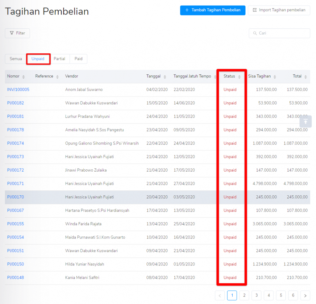 Status tagihan pembelian Target9Pos unpaid