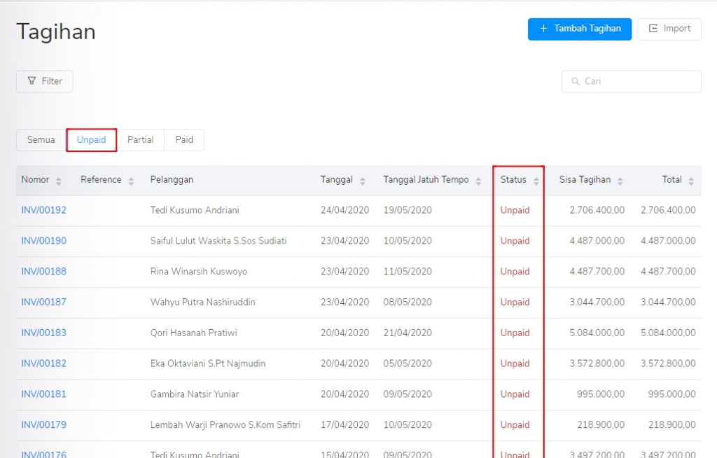 Status tagihan penjualan unpaid pada Target9Pos