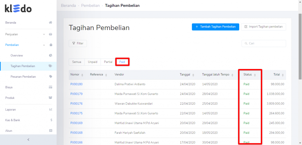 Tagihan pembelian paid overview Target9Pos