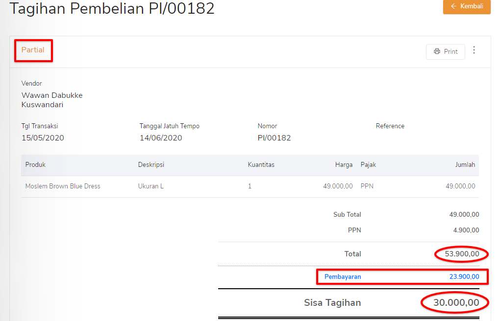 Tagihan pembelian partial Target9Pos