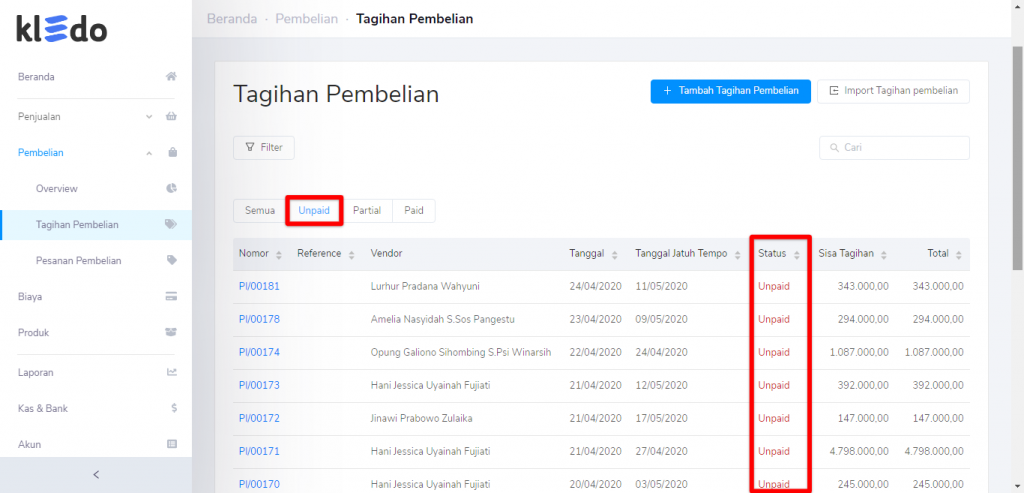 Tagihan pembelian unpaid overview Target9Pos