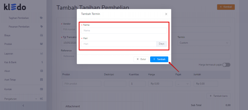 Tambah termin tagihan pembelian Target9Pos