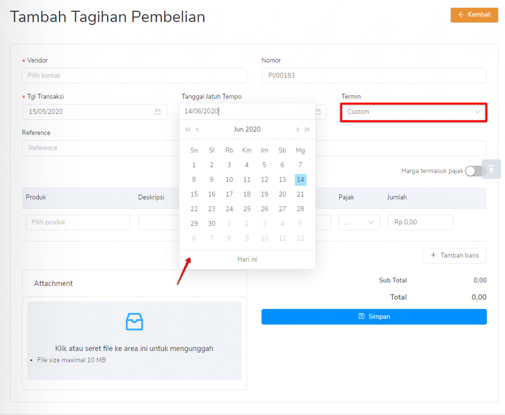 Atur termin tagihan pembelian custom Target9Pos