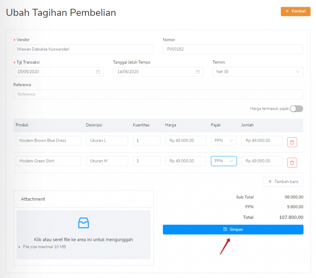 Ubah tagihan pembelian pada Target9Pos kemudian simpan