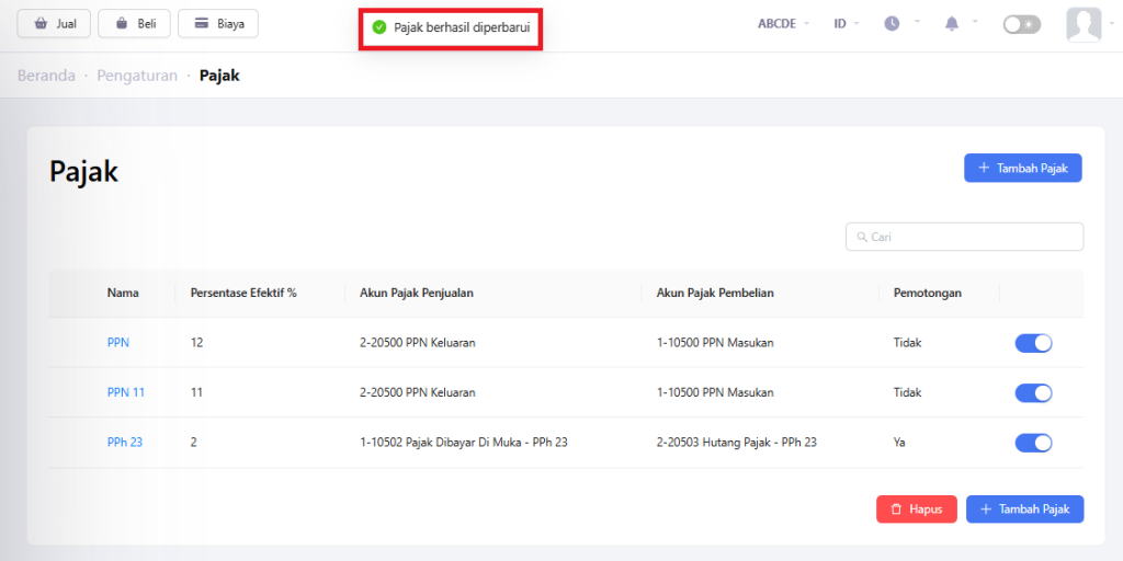 Pajak berhasil diperbarui