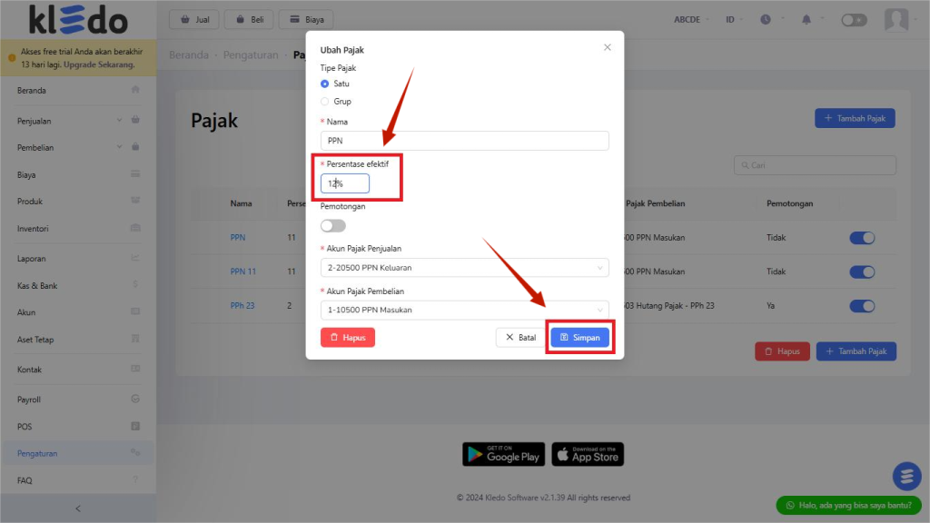 Ubah pajak lalu klik Simpan