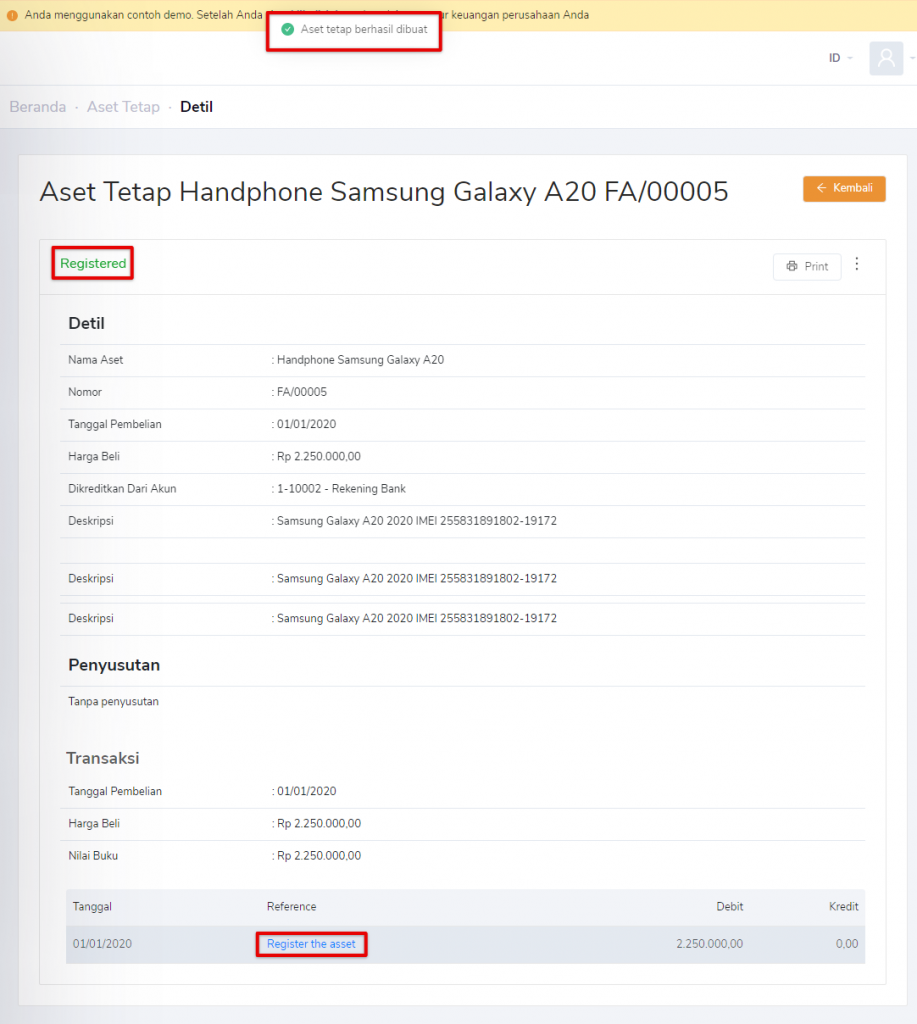 Aset tetap berhasil dibuat