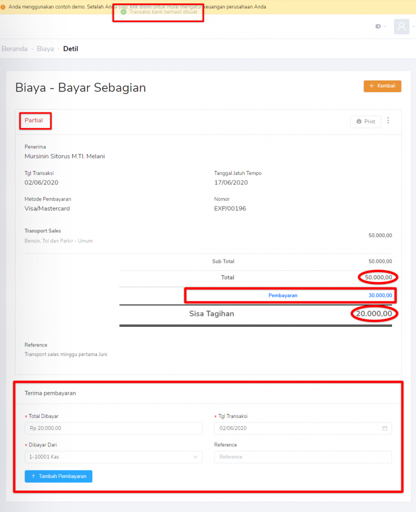 Pembayaran biaya partial Target9Pos