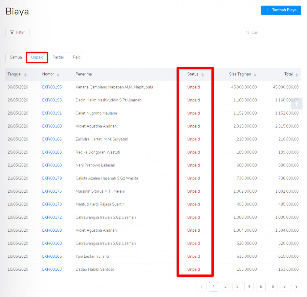 Status biaya Target9Pos unpaid