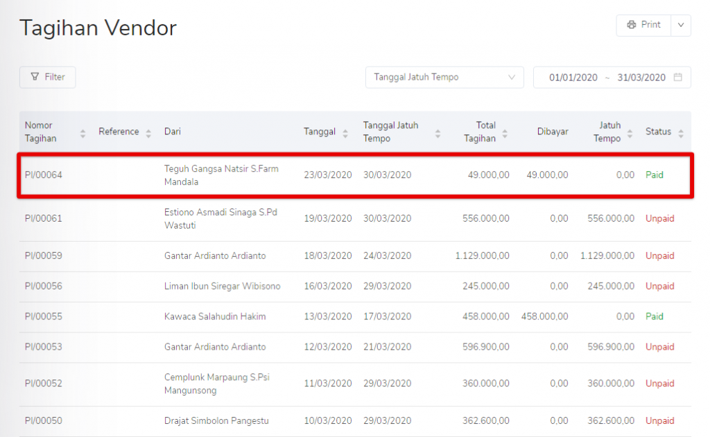 Lihat detail transaksi tagihan vendor Target9Pos