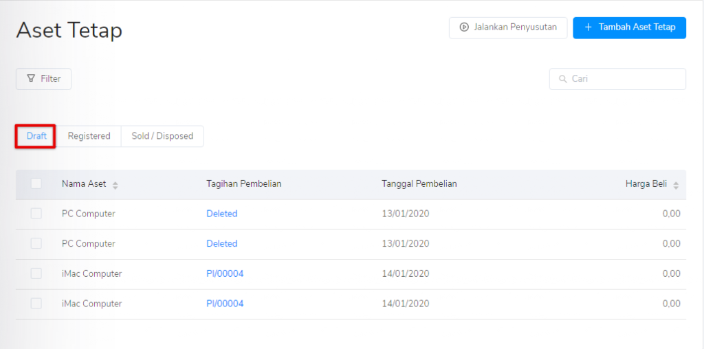 Status draft aset tetap Target9Pos