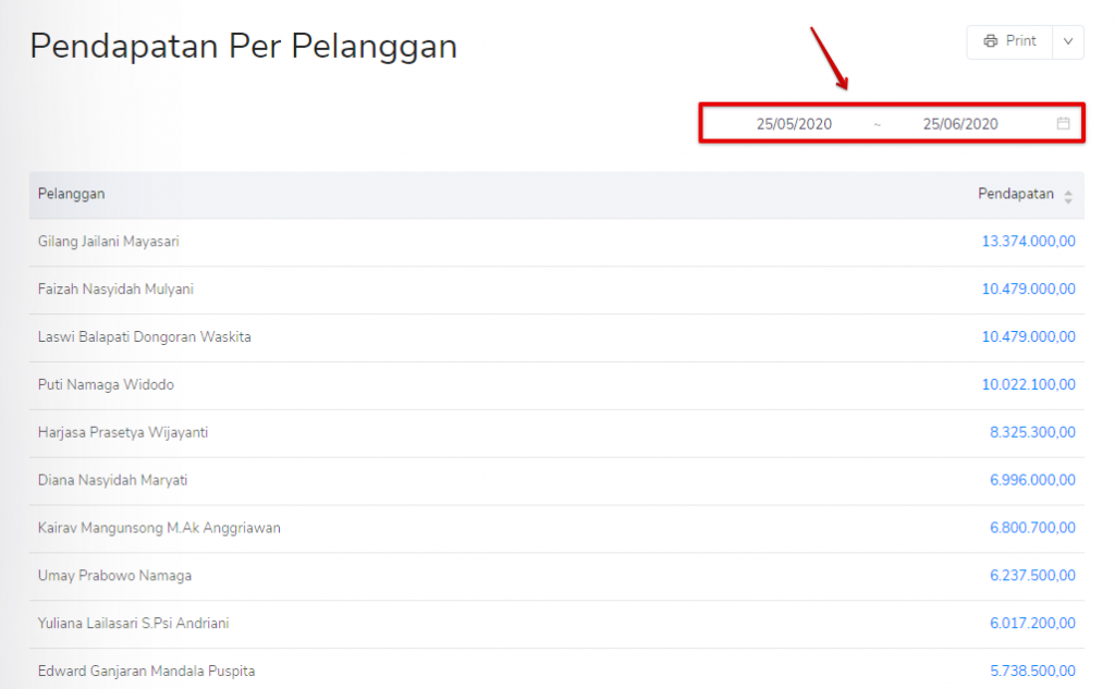 Filter tanggal pendapatan per pelanggan