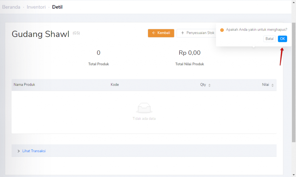 Yakin hapus gudang persediaan klik ok