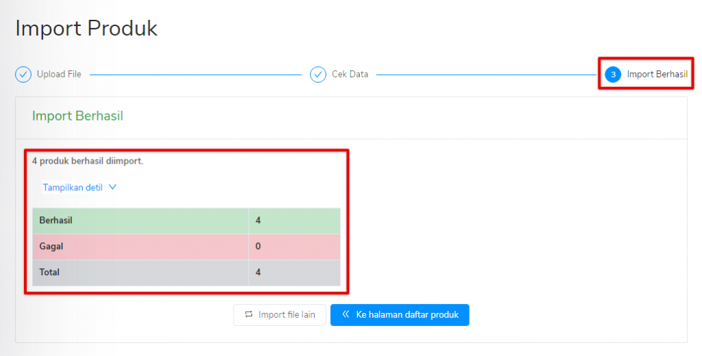 Import data produk berhasil