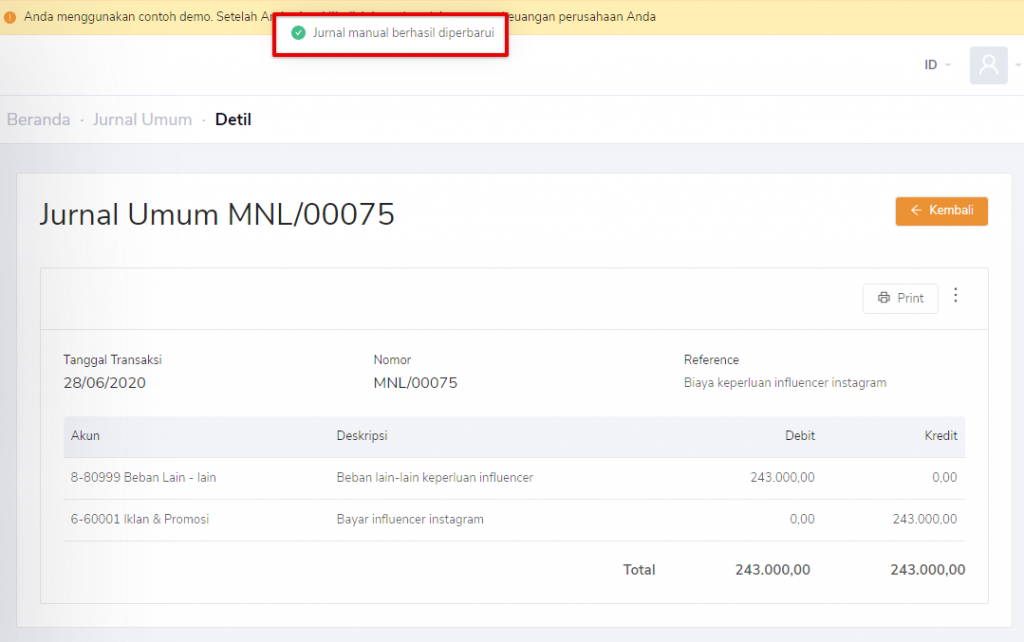 Jurnal manual berhasil diperbarui
