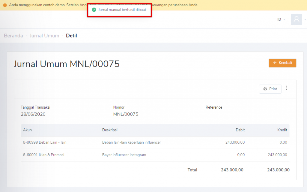 Jurnal manual berhasil
