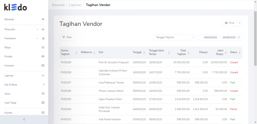 Laporan tagihan vendor Target9Pos