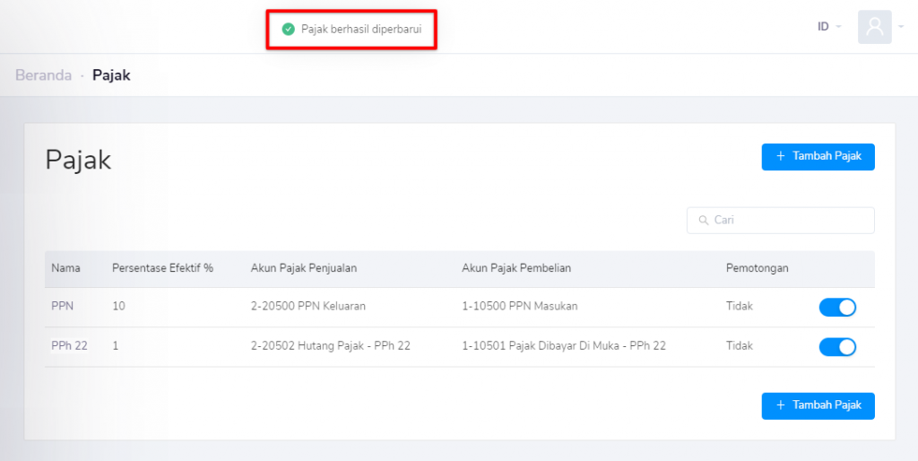 Pajak berhasil diubah