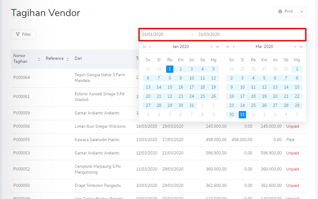 Periode tagihan vendor Target9Pos