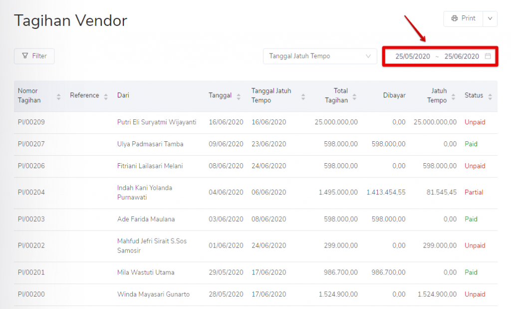 Klik masukkan tanggal tagihan vendor Target9Pos