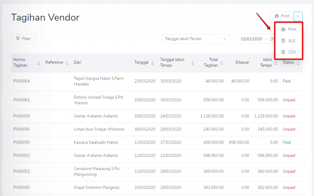 Print tagihan vendor Target9Pos