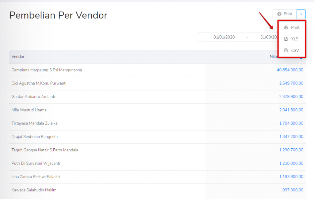 Print laporan pembelian per vendor Target9Pos